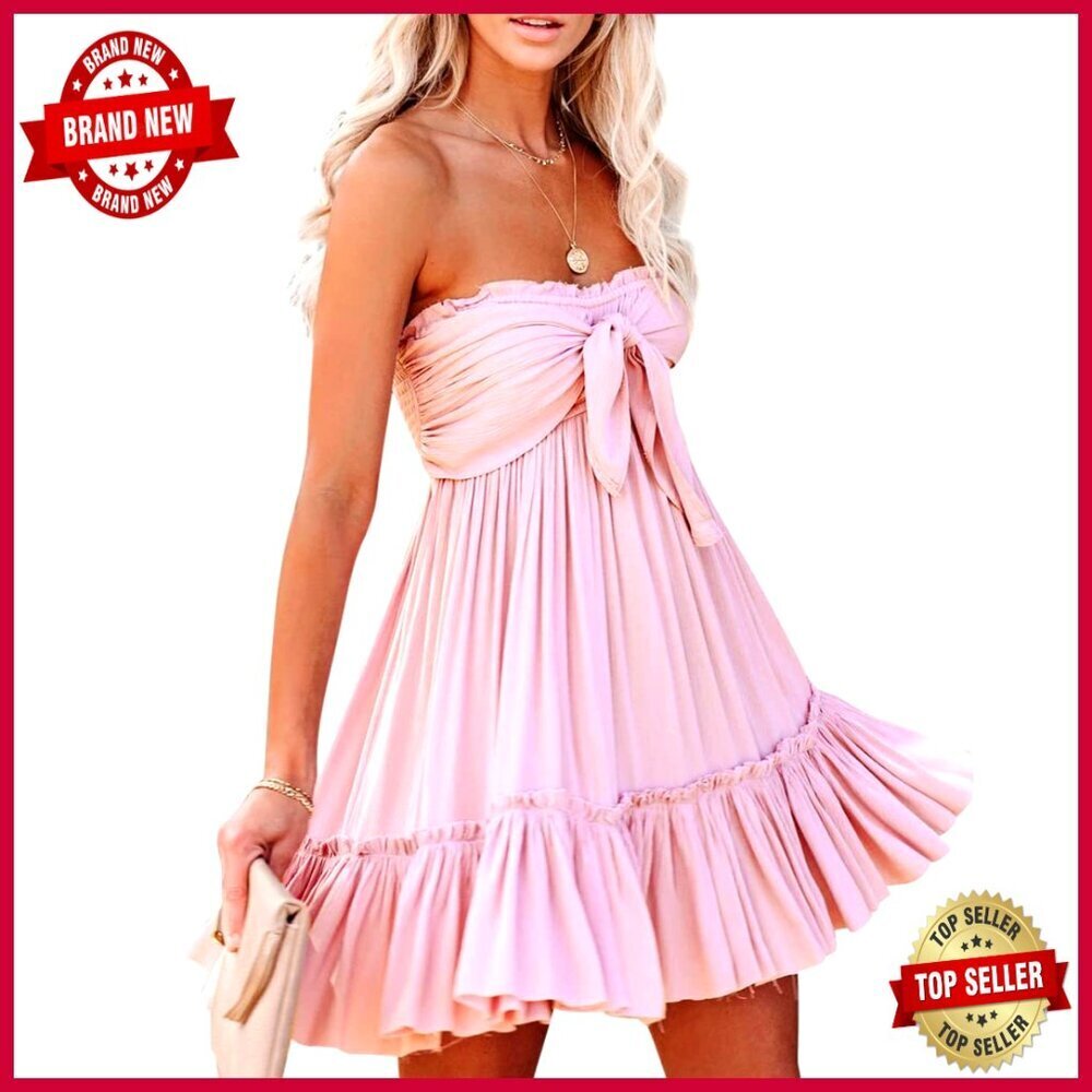 Summer Cotton Boho Mini Dress Tie Front Strapless Beach Casual